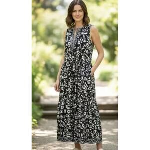 MAX STUDIO WOMENS SIZE LARGE FLORAL PRINT TIERED MAXI DRESS BLACK WHITE